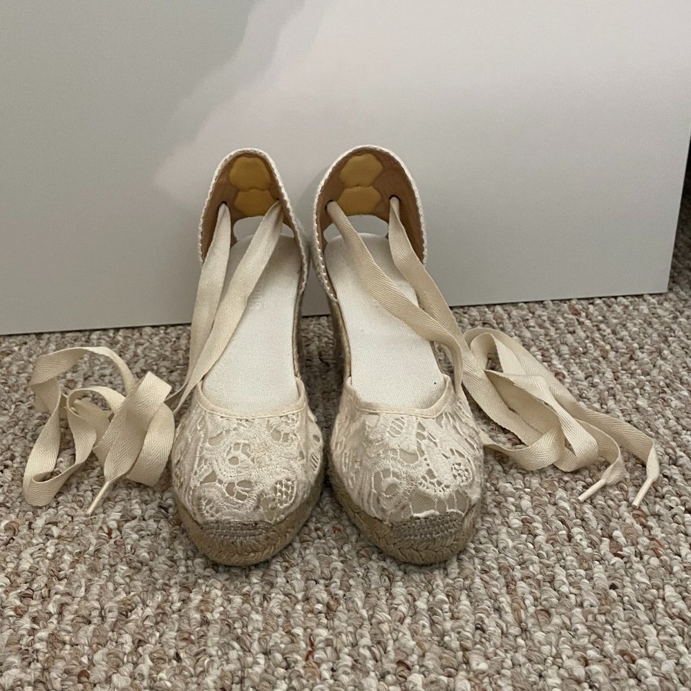 Soludos Off-White Crochet Lace Up Wedge Espadrille